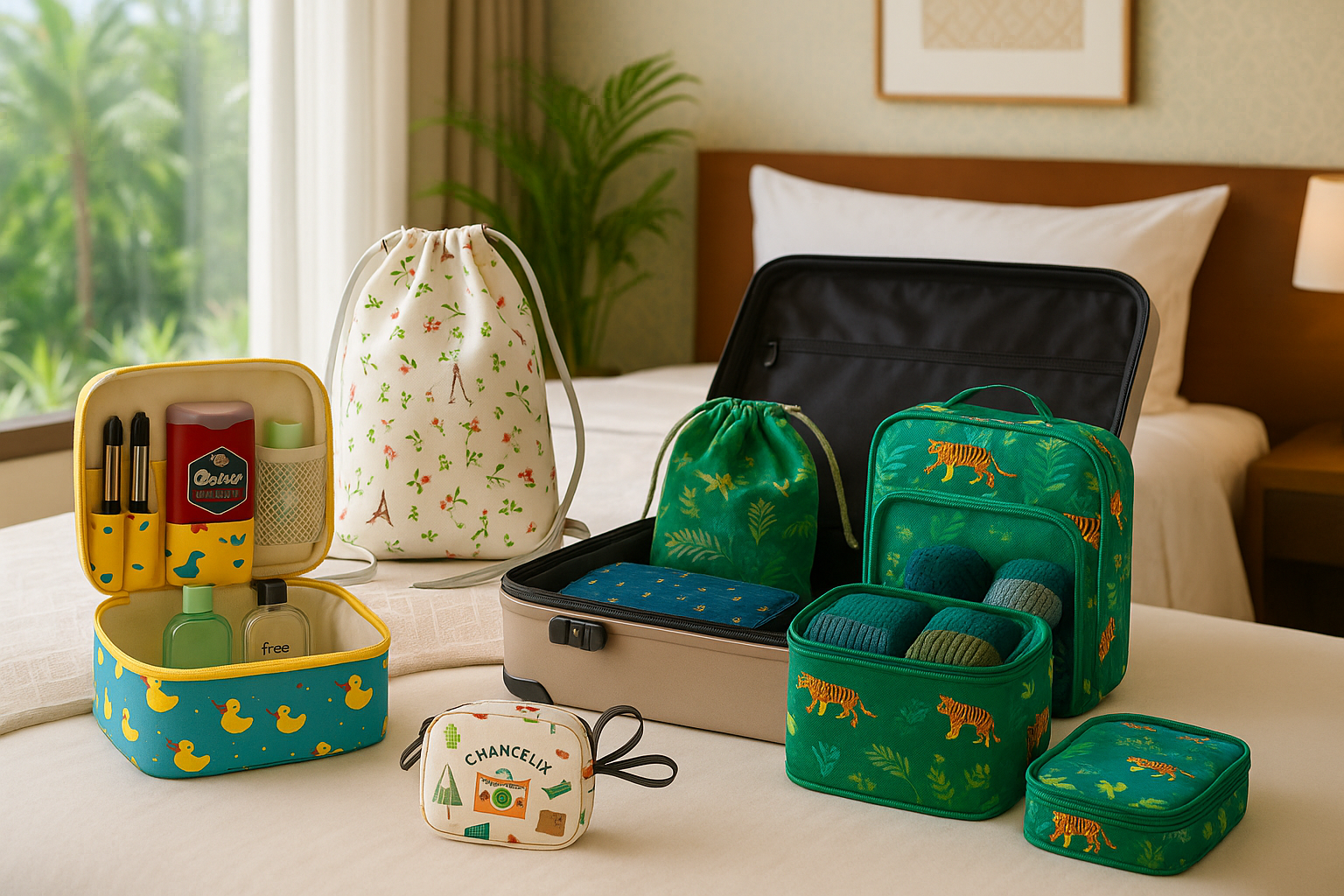 Travel accessories collection featuring colorful toiletry bags, packing cubes, sling bag, and pouches neatly arranged on a bed with an open suitcase in a bright hotel room.